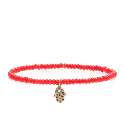 Sydney Evan Baby Hamsa Rainbow Bamboo Coral And 14kt Gold Beaded Bracelet With Sapphires In Red