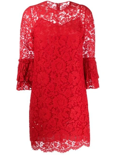 Valentino Floral Lace Ruffle Dress In Red