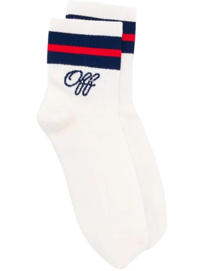 Off-white Logo Embroidered Socks In White Blue
