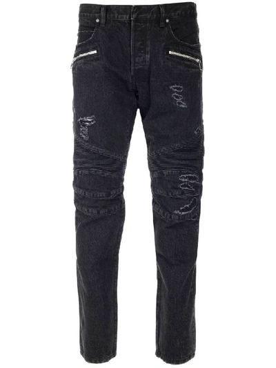 Balmain Distressed Biker Jeans In Black