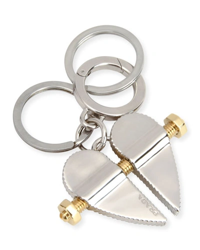 Prada Men's Two-tone Metal Bolt Heart Keychain In Silver