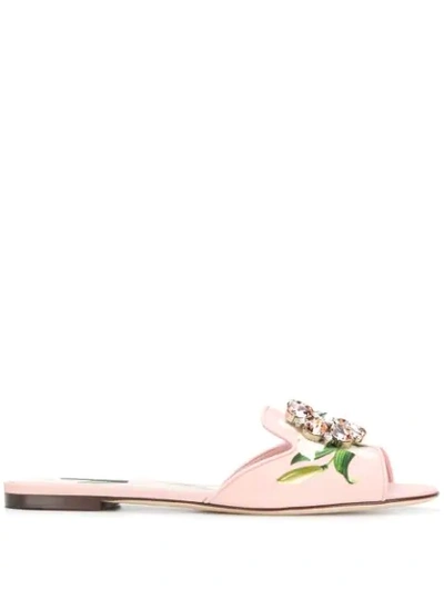 Dolce & Gabbana Crystal-embellished Floral-print Canvas Slides In Pink
