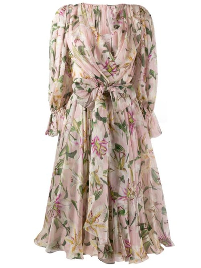 Dolce & Gabbana Long-sleeve Wrapped Lily-print Chiffon Dress In Pink