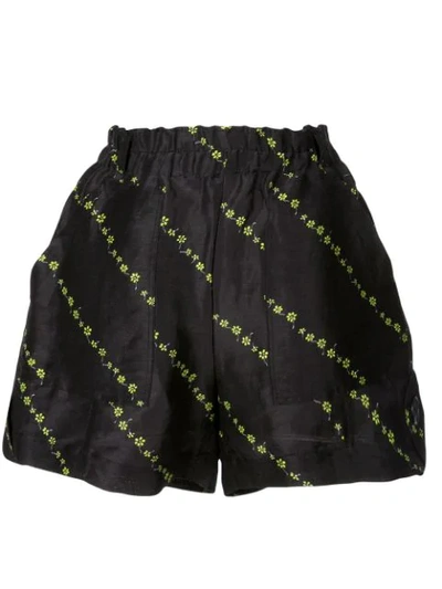 Ganni Diagonal Stripe Print Silk & Linen Shorts In Black
