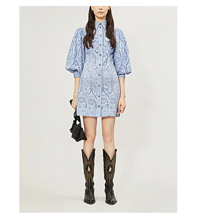 Blue Ganni Broderie Anglaise Cotton Mini Dress Ganni Balloon