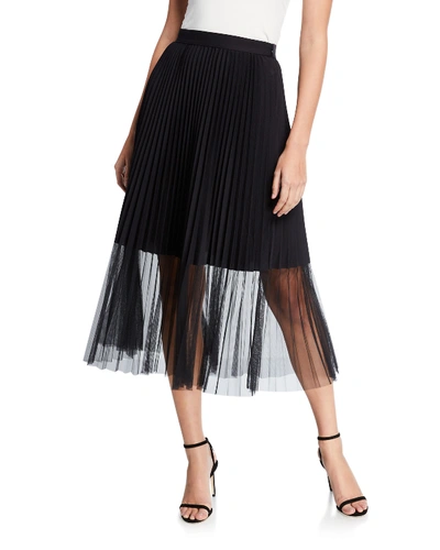 Elie Tahari Yanet Pleated Midi Skirt With Sheer Overlay In Black