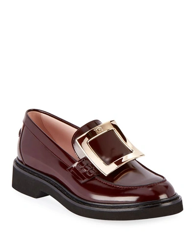 Roger Vivier Patent Leather Pilgrim Buckle Loafers In Dark Red