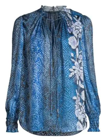 Elie Tahari Zeina Snake-print Blouson-sleeve Blouse In Blue Multi