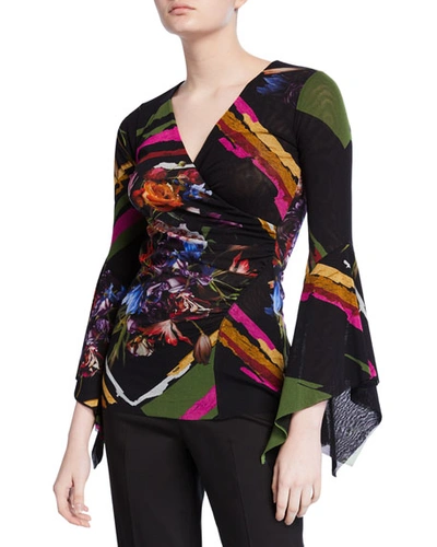 Fuzzi Patchwork Flower V-neck Top W/ Dramatic Sleeves In Multi