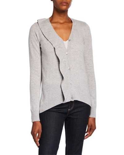 Neiman Marcus Cashmere Button-front Ruffle Cardigan In Pearl Grey