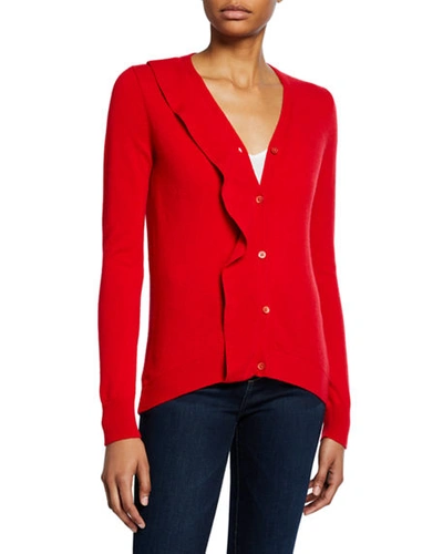 Neiman Marcus Cashmere Button-front Ruffle Cardigan In Imperial Red