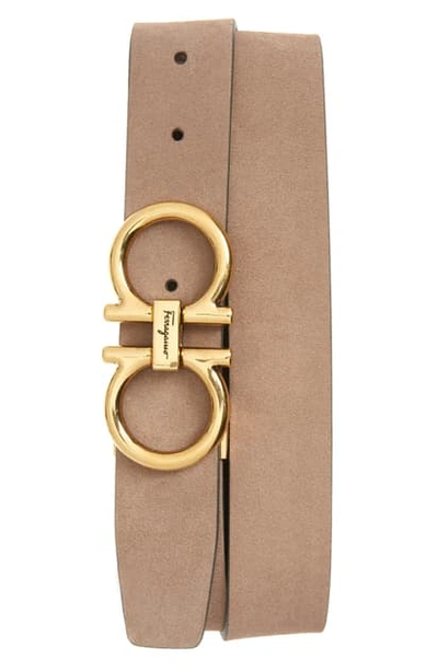 Ferragamo Double Gancio Buckle Suede Belt In Brown/ Black