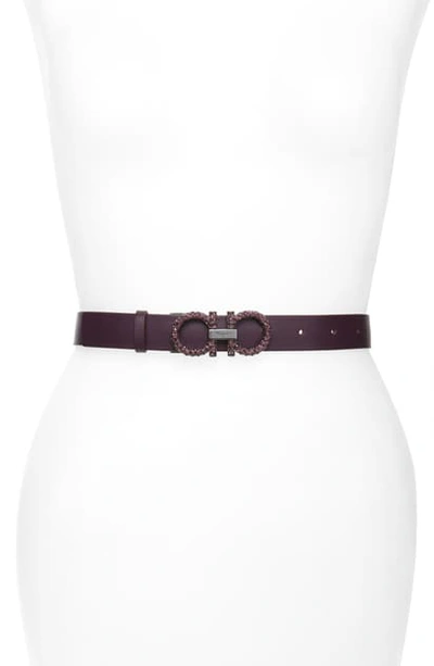 Ferragamo Double Gancio Crystal Buckle Leather Belt In Blackberry