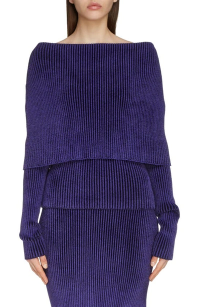 Balenciaga Off-the-shoulder Layered Ribbed Chenille Sweater In Purple