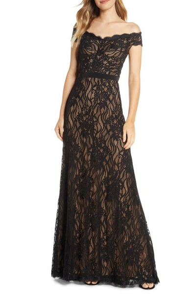 Tadashi Shoji Off The Shoulder Lace Evening Gown In Black/ Nude
