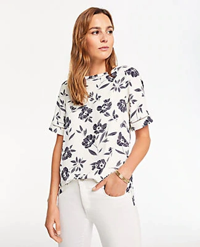 Ann Taylor Petite Floral Mixed Media Cutout Tee In Winter White
