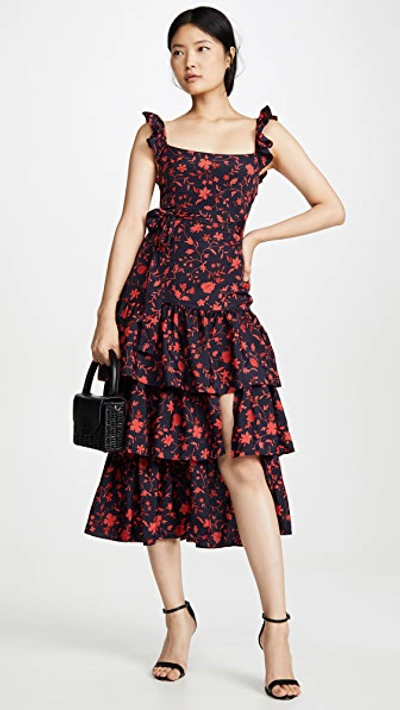 Likely Charlotte Tiered Ruffle Dress In Navy/red ModeSens