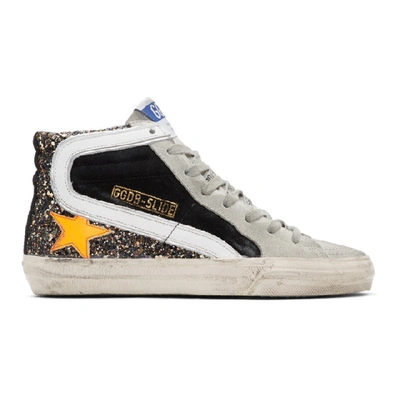 Golden Goose Slide Distressed Glittered Leather And Suede Sneakers In Black