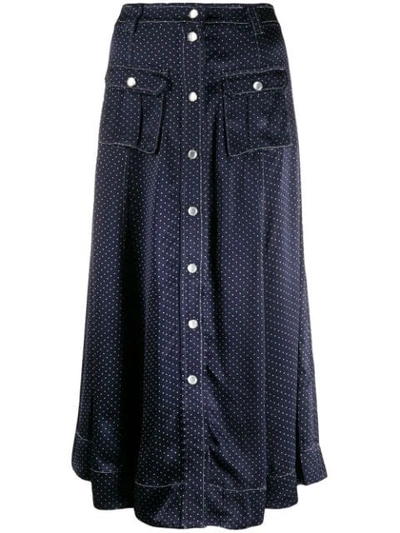 Ganni Heavy Satin Dot-print Midi Skirt In Navy