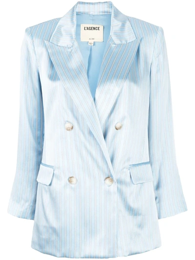 L Agence Taryn Silk Double Breasted Blazer In Sky Blue Multi Stripe