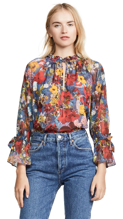 Alice And Olivia Alice + Olivia Julius Bell-sleeve Floral Tunic Top In Blue