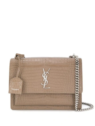 Saint Laurent Medium Sunset Croc-embossed Leather Shoulder Bag In Dusty Grey