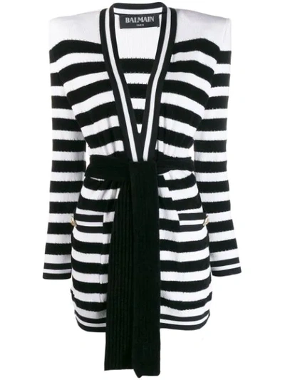 Balmain Belted Striped Ribbed-knit Cardigan In Black