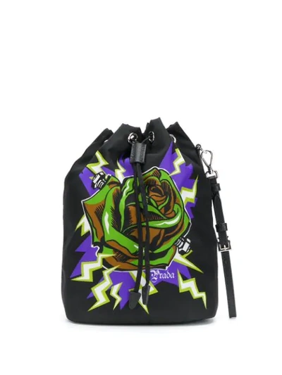Prada X Frankenstein Universal Rose Print Nylon Bucket Bag In Black