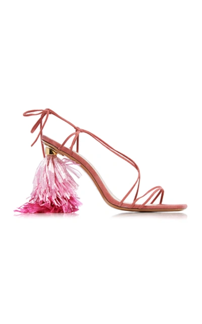 Jacquemus Raphia Tasseled-heel Suede Sandals In Pink