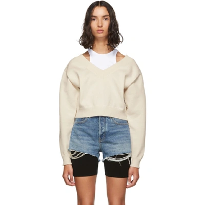 Alexander Wang T Alexanderwang.t Off-white Cropped Bi-layer V-neck Sweater In 986 Crm/wht