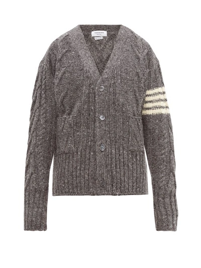 Thom Browne Grosgrain-trimmed Striped Cable-knit Wool And Mohair-blend Cardigan In Grey