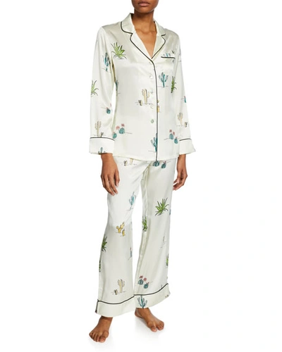 Olivia Von Halle Lila Minelli Cactus-print Classic Silk Pajama Set In White Pattern