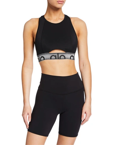 Alo Yoga Velocity Strappy Racerback Logo Sports Bra In Black