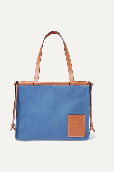 Loewe Cushion Large Leather-trimmed Canvas Tote In Steel-blue