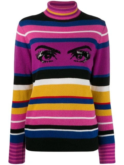 Pinko Striped Sequined Eye Turtleneck Sweater In Pink