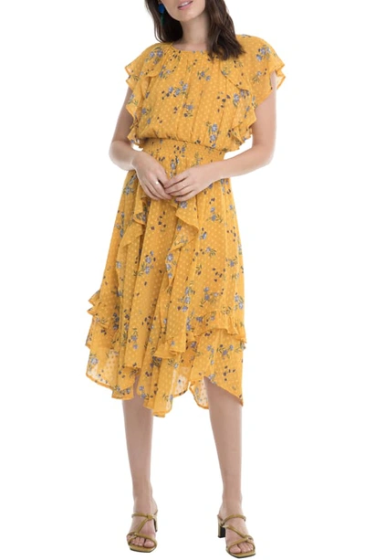 Astr Sheila Floral Dot-jacquard Ruffle Midi Dress In Marigold Multi Floral