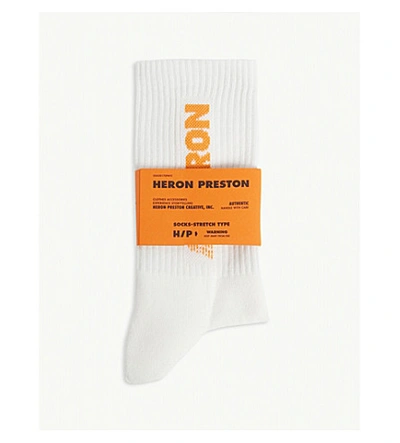 Heron Preston Logo Cotton Socks In White Orange