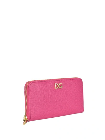 Dolce & Gabbana Crystal Dg Dauphine Leather Zip Around Wallet In Pink