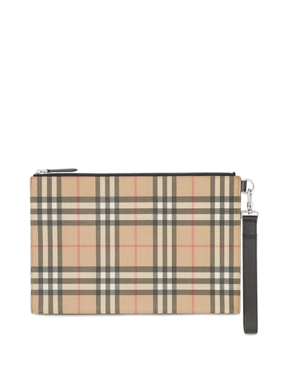Burberry Vintage Check E-canvas And Leather Zip Pouch In Beige