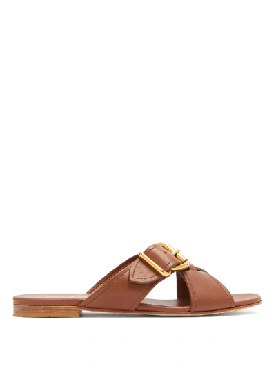 Prada Buckled Cross-over Leather Slides In Brandy Leather