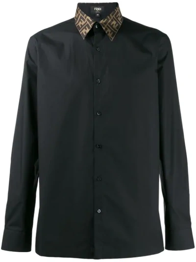 Fendi Cotton Poplin Shirt W/ Logo Silk Collar In Black