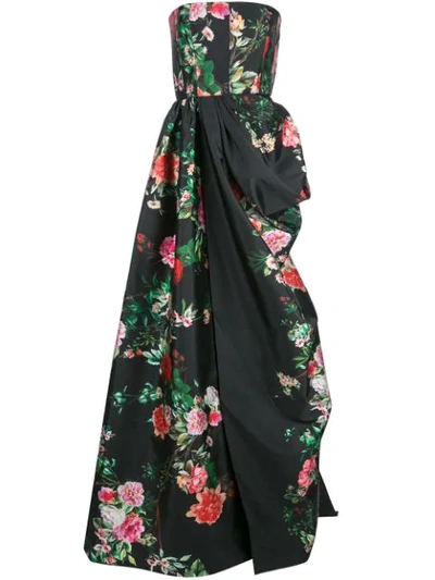 Alex Perry Alex Ruched Floral-print Satin-crepe Gown In Black