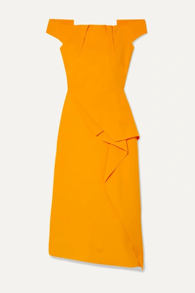 Roland Mouret Arch Off-the-shoulder Draped Crepe Midi Dress In Marigold