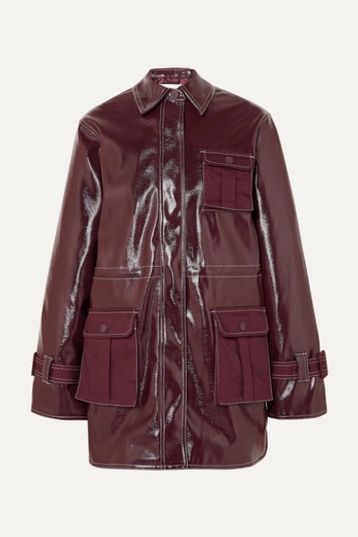 Ganni Canvas-paneled Faux Patent-leather Jacket In Burgundy