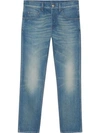 Gucci Denim Tapered Pant With Emrboidered Tiger In Blue