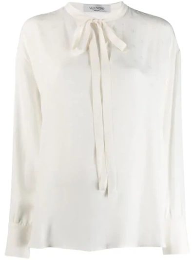 Valentino Logo Jacquard Tie Neck Silk Satin Blouse In White