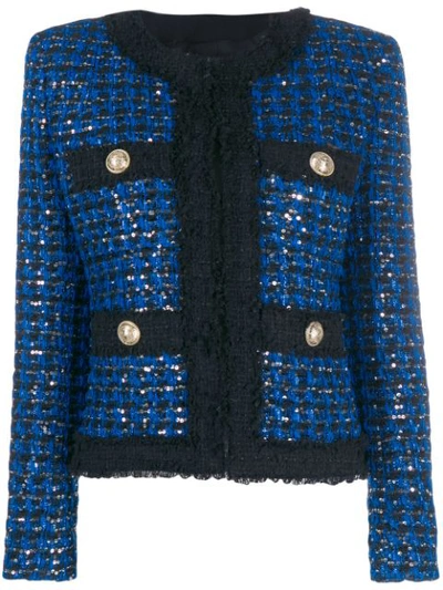 Balmain Sequined Tweed Open-front Blazer In Blue