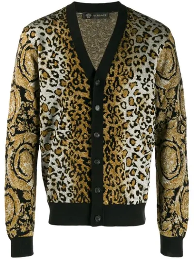 Versace Leopard Intarsia Cardigan In Black