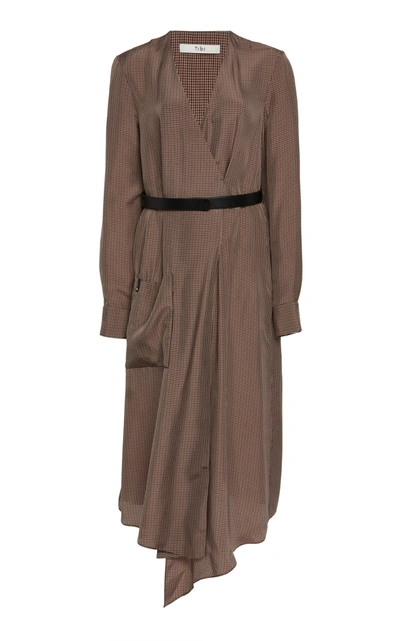 Tibi Walden Wrap-effect Checked Satin-twill Midi Dress In Brown Multi