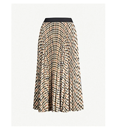 Maje Johnny Check Pleated Midi Skirt In Brown